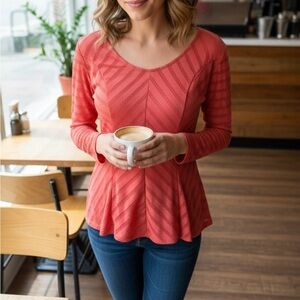 Guess Peplum 3/4 Sleeve Coral Pink Tunic. Ptp 17” height 25”